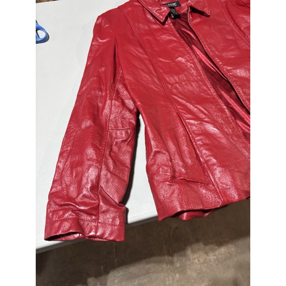 Dialogue Red Leather Coat Jacket Size Large Woman's Pockets Lined Full Zipper - Picture 2 of 10